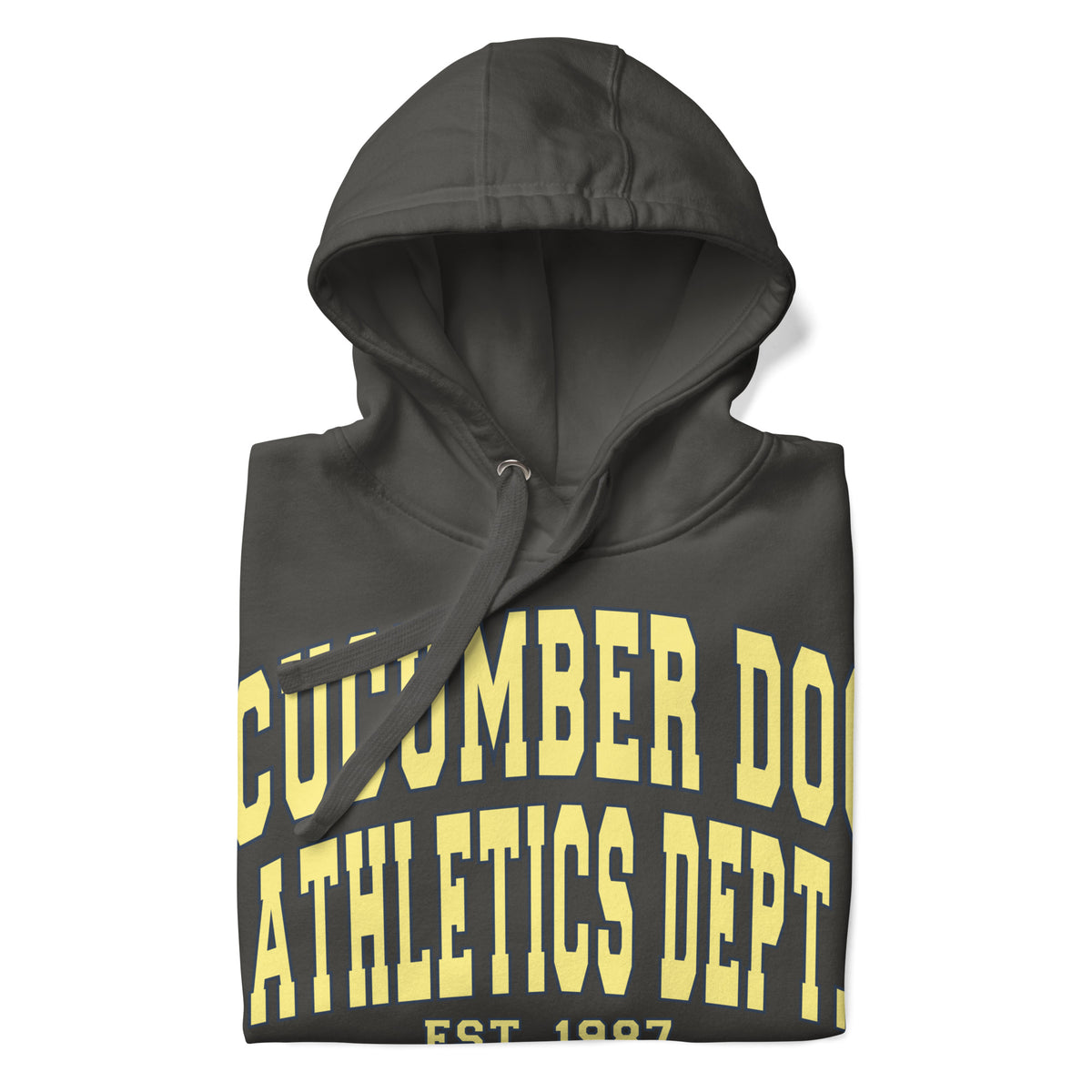 Premium vintage black hoodie featuring a vintage athletic graphic with arched Cucumber Dog and Athletics Dept text in solid butter cream block typography, above Est. 1987 and a track motif framing the CD monogram.