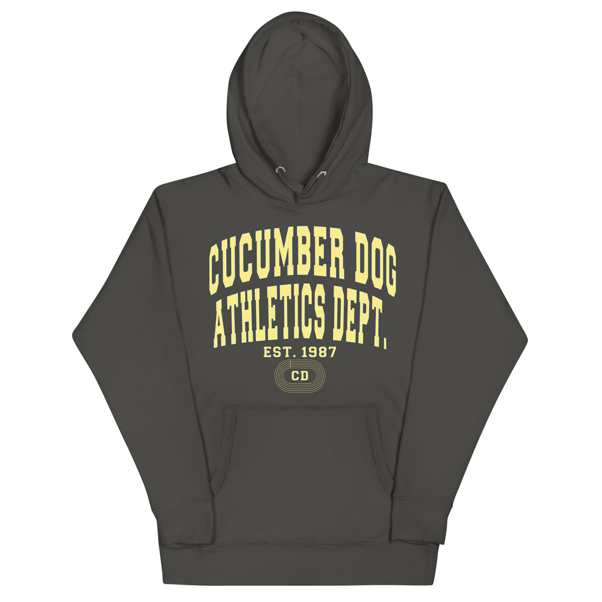 Premium vintage black hoodie featuring a vintage athletic graphic with arched Cucumber Dog and Athletics Dept text in solid butter cream block typography, above Est. 1987 and a track motif framing the CD monogram.
