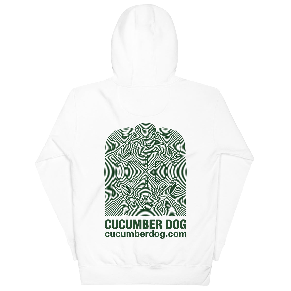 White hoodie featuring a hypnotic, topographical line art optical illusion in Cucumber Green, concealing a CD monogram and pug silhouette, with Cucumber Dog text below.