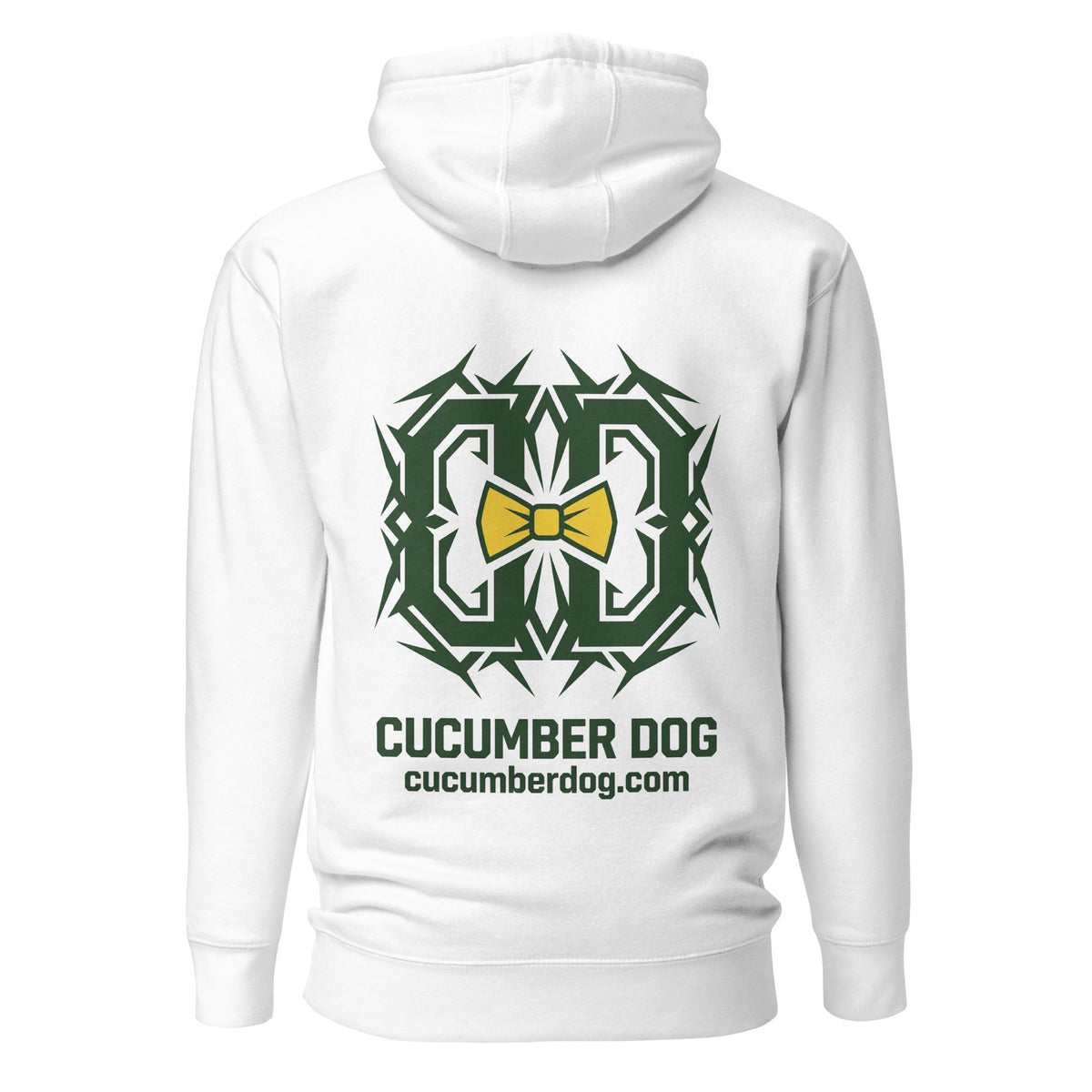 Hoodie in white featuring a sharp Cucumber Green tribal tattoo style CD monogram centred around a bright yellow bow tie, with Cucumber Dog text below.
