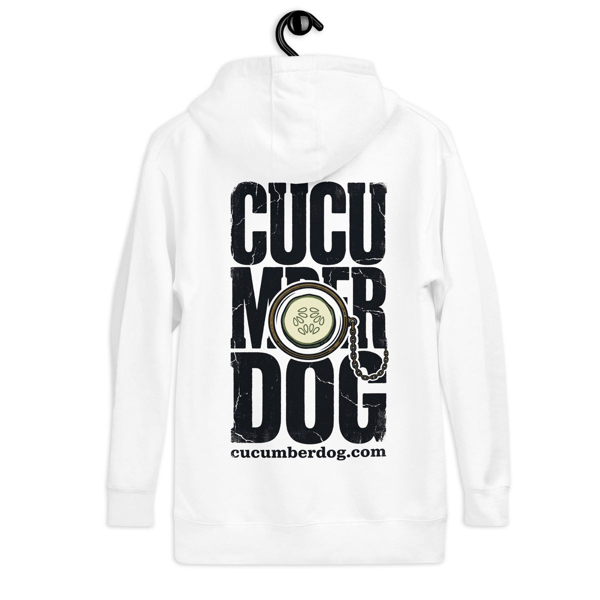 White hoodie featuring large distressed black Cucumber Dog text with a cucumber slice monocle and gold chain resting in the centre, and the website URL below.