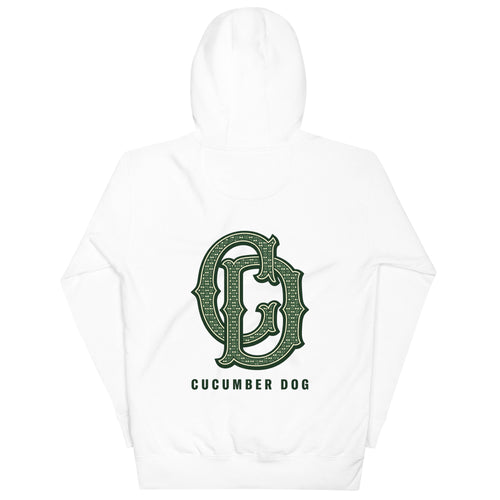 White hoodie featuring a large ornate interlocking CD monogram in Cucumber Green and Cream, containing an intricate internal pattern of tiny cucumbers and bow ties.