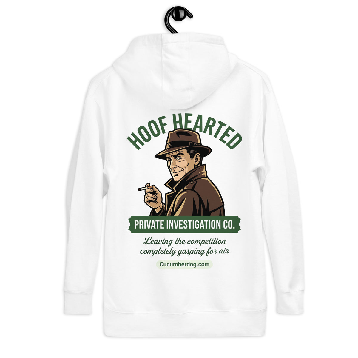 Back of a white hoodie featuring a retro detective graphic with the text Hoof Hearted Private Investigation Co and the tagline Leaving the competition completely gasping for air.