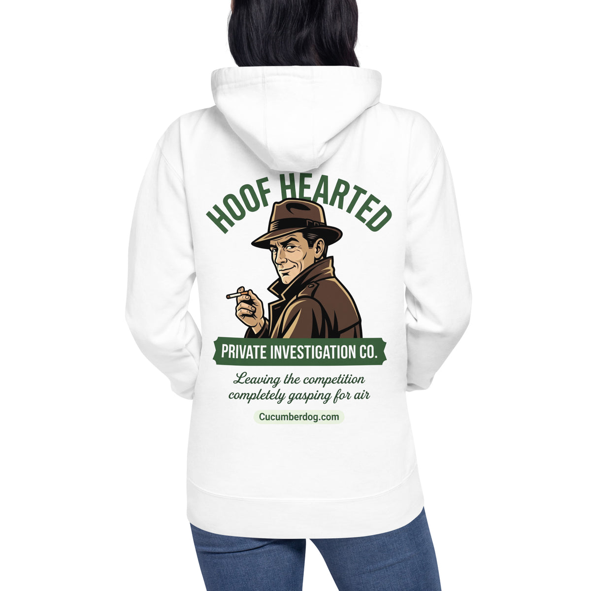 Back of a white hoodie featuring a retro detective graphic with the text Hoof Hearted Private Investigation Co and the tagline Leaving the competition completely gasping for air.