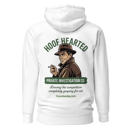 Back of a white hoodie featuring a retro detective graphic with the text Hoof Hearted Private Investigation Co and the tagline Leaving the competition completely gasping for air.