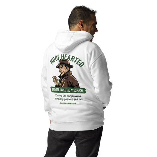 Back of a white hoodie featuring a retro detective graphic with the text Hoof Hearted Private Investigation Co and the tagline Leaving the competition completely gasping for air.