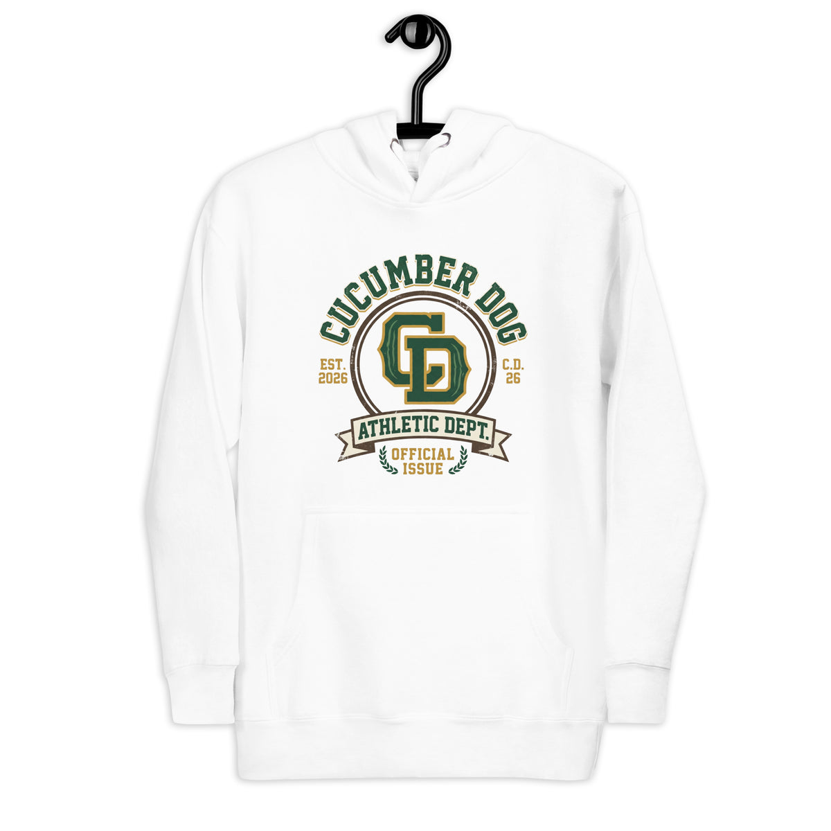 White hoodie featuring a heritage collegiate crest with arched Cucumber Dog text, a central CD monogram, an Athletic Dept banner, and laurel wreaths reading Official Issue in green and gold.