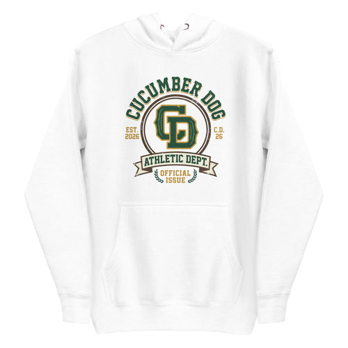 White hoodie featuring a heritage collegiate crest with arched Cucumber Dog text, a central CD monogram, an Athletic Dept banner, and laurel wreaths reading Official Issue in green and gold.