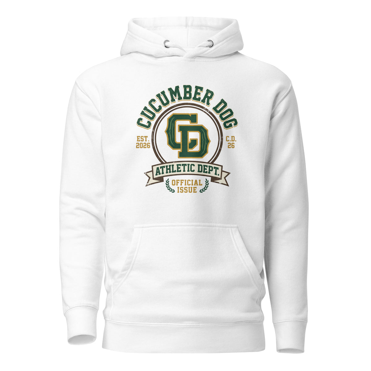 White hoodie featuring a heritage collegiate crest with arched Cucumber Dog text, a central CD monogram, an Athletic Dept banner, and laurel wreaths reading Official Issue in green and gold.