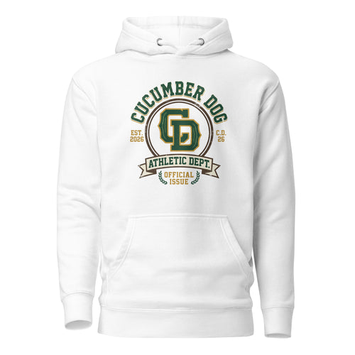 White hoodie featuring a heritage collegiate crest with arched Cucumber Dog text, a central CD monogram, an Athletic Dept banner, and laurel wreaths reading Official Issue in green and gold.
