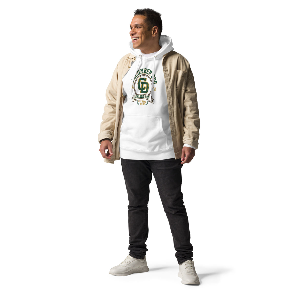 White hoodie featuring a heritage collegiate crest with arched Cucumber Dog text, a central CD monogram, an Athletic Dept banner, and laurel wreaths reading Official Issue in green and gold.