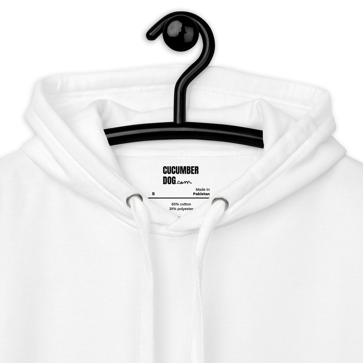 collar of a white hoodie with the label showing cucumber dog logo
