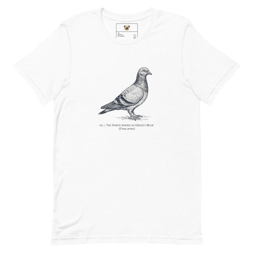 an image of a pigeon with the words The North American Grizzly Bear beneath it on a white t-shrt