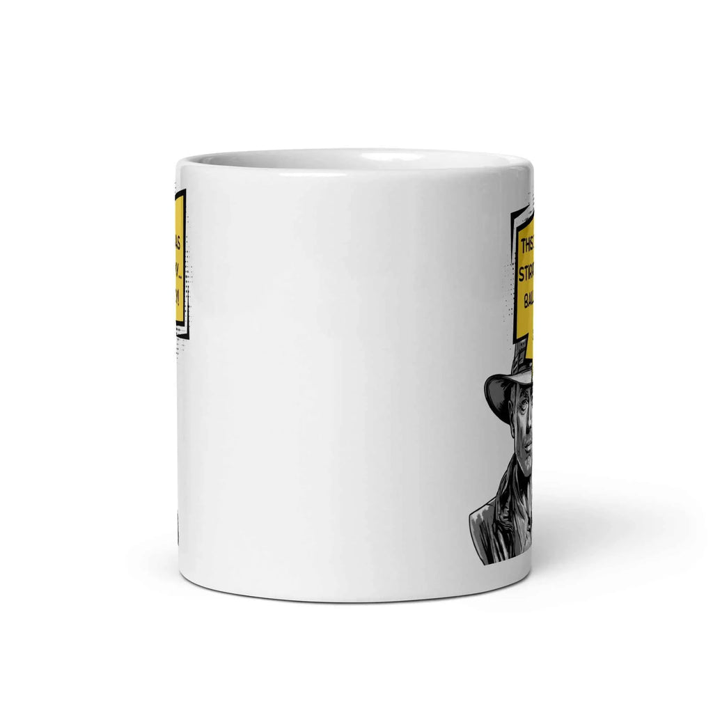 White glossy mug with partial black and yellow cartoon illustration, 11 oz, front view