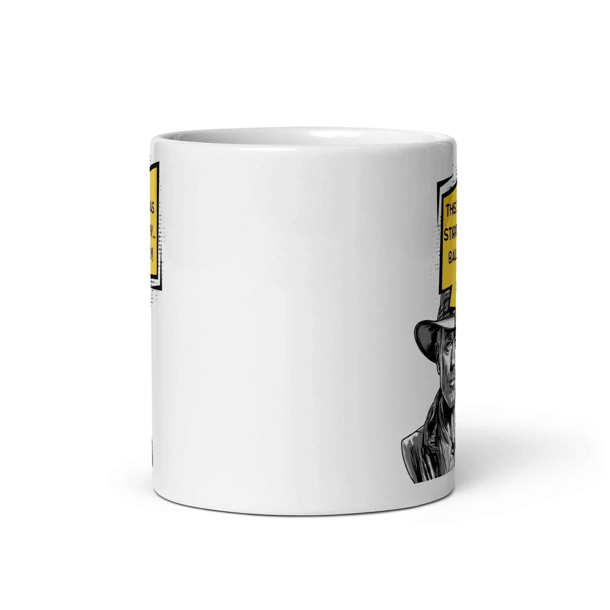 White glossy mug with partial black and yellow cartoon illustration, 11 oz, front view