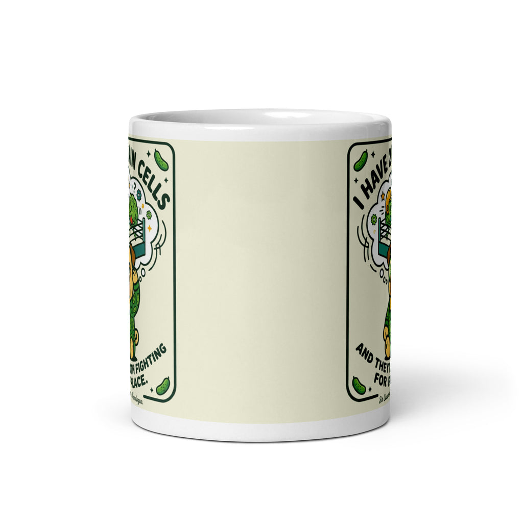 A white glossy mug featuring Sir Cucumber Dog the pug and the text Two Brain Cells Fighting for Third Place in bold black and green lettering.