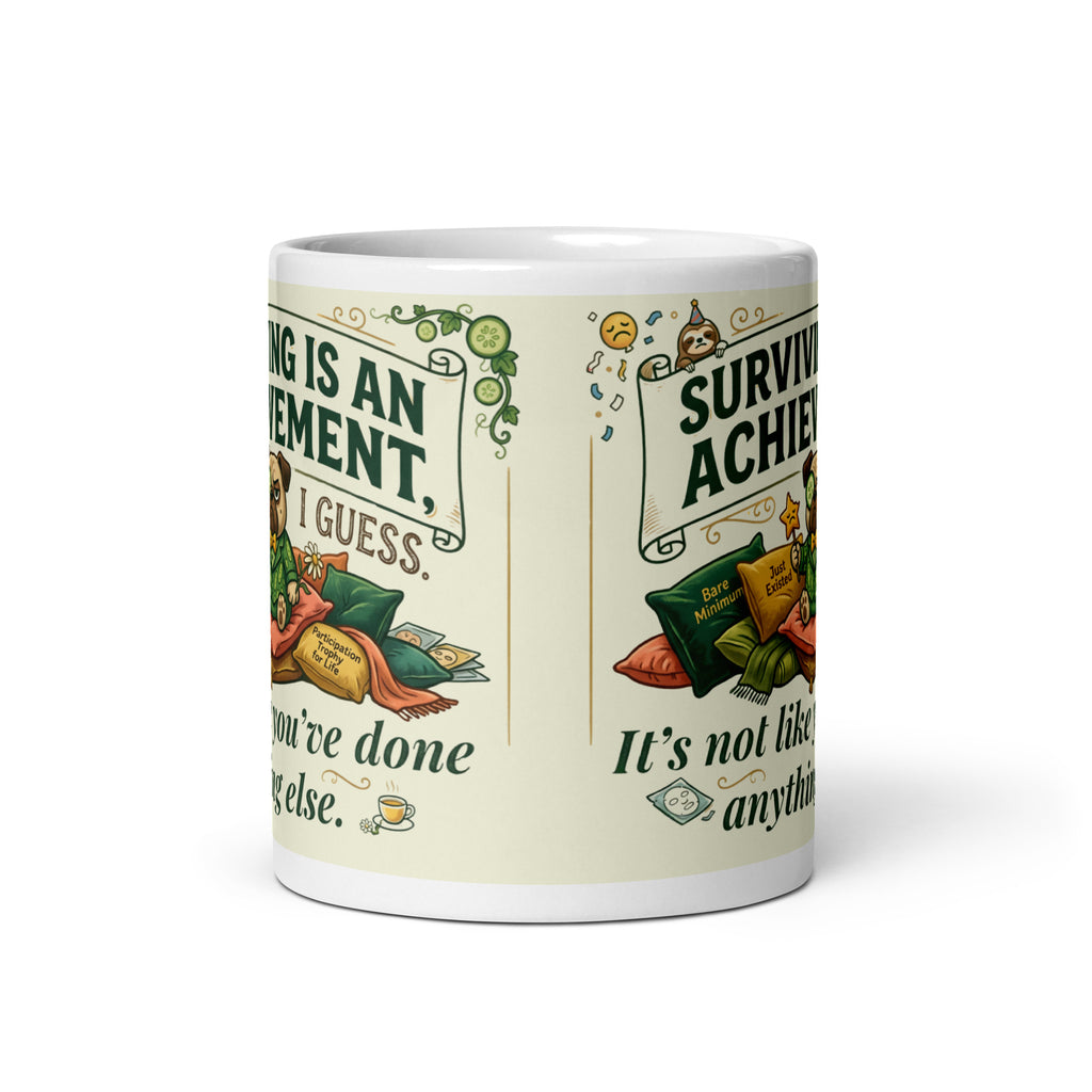 White glossy mug featuring Sir Cucumber Dog with the text "Surviving is an achievement i guess. it's not like you've done anything else" in Cucumber green and yellow.
