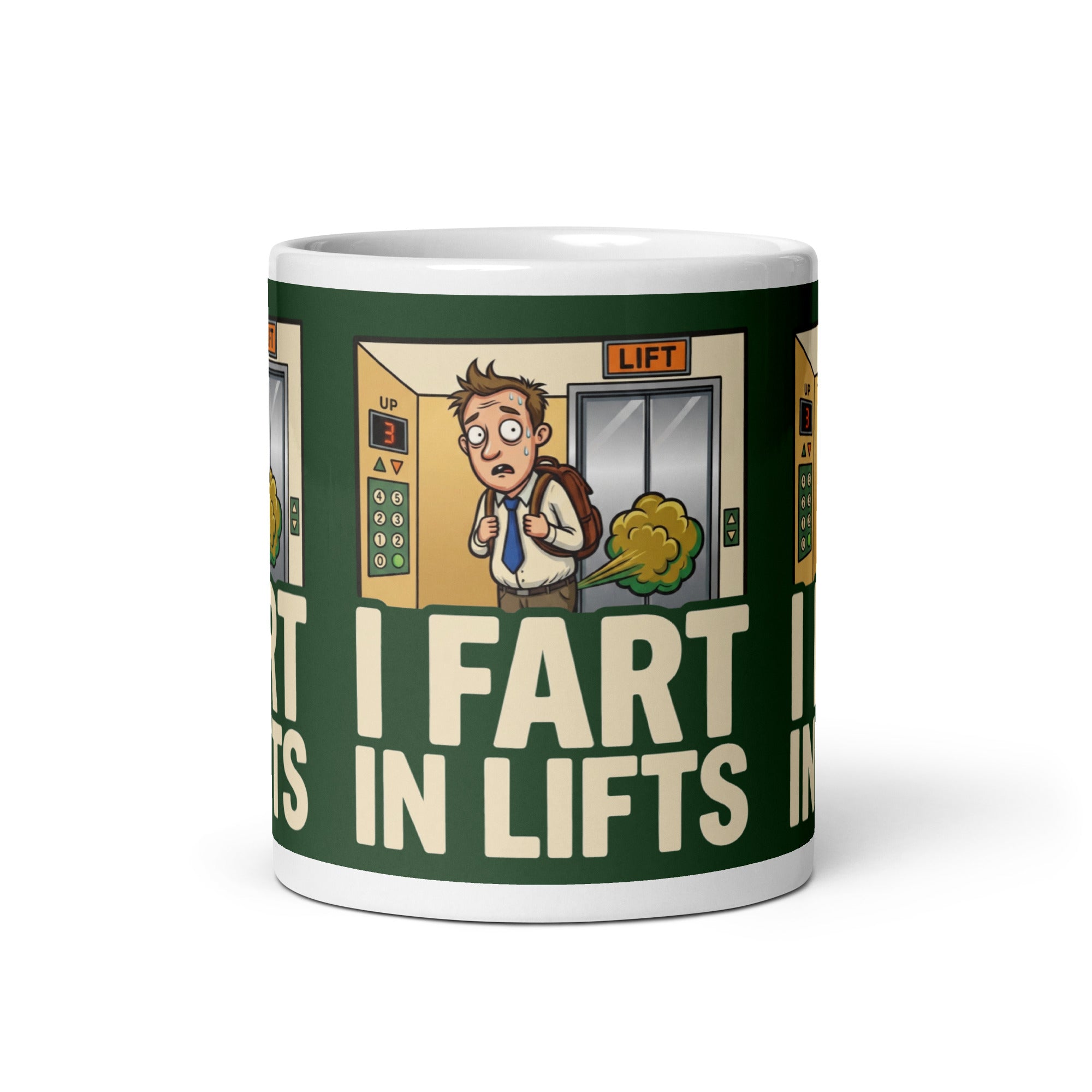 A funny ceramic mug with a dark green background. It shows a cartoon of a sweaty man in a lift with a green gas cloud behind him. Large cream text reads I FART IN LIFTS.