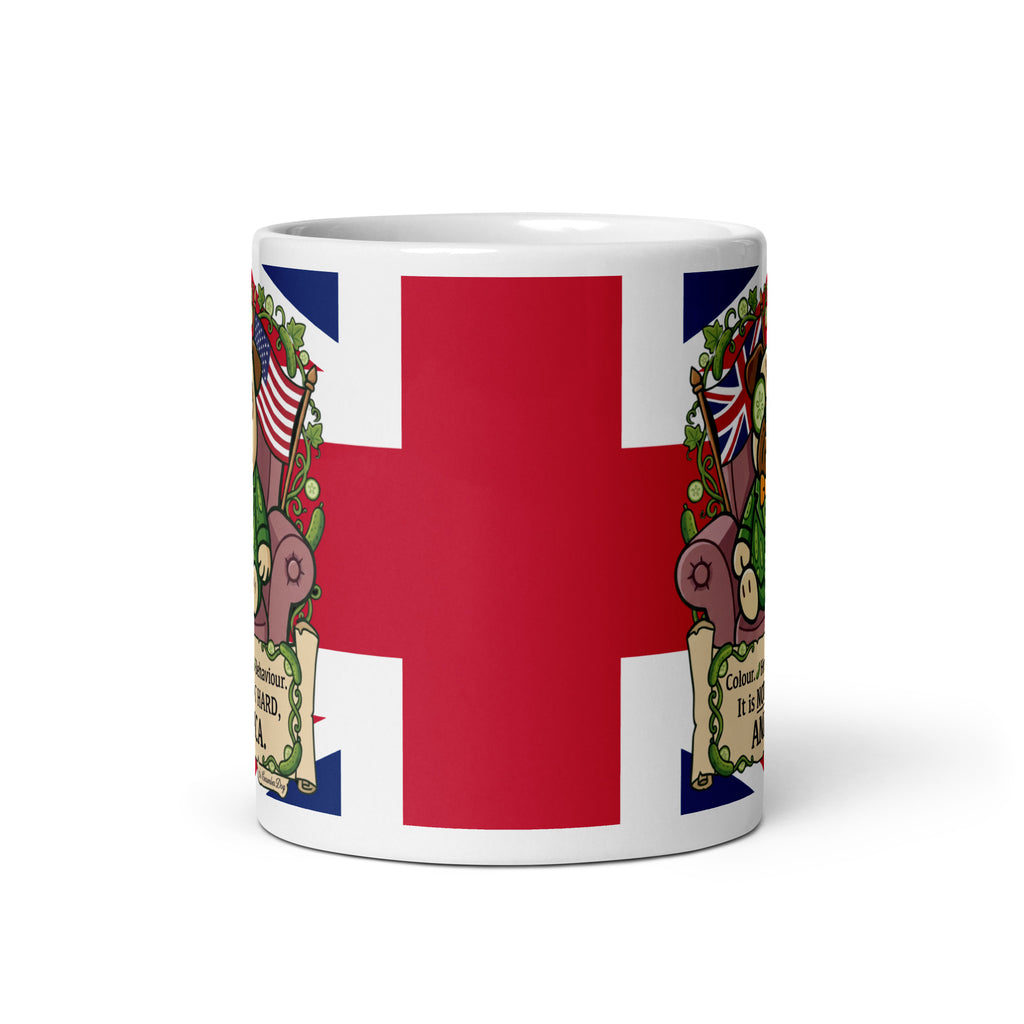 A white ceramic mug with a Union Jack background. Sir Cucumber Dog sits in an armchair between a UK and US flag. Text on a scroll reads Colour, Honour, Behaviour. It is NOT THAT HARD, AMERICA