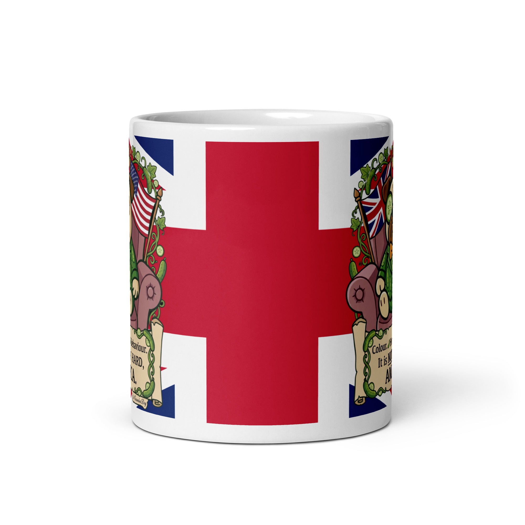 A white ceramic mug with a Union Jack background. Sir Cucumber Dog sits in an armchair between a UK and US flag. Text on a scroll reads Colour, Honour, Behaviour. It is NOT THAT HARD, AMERICA