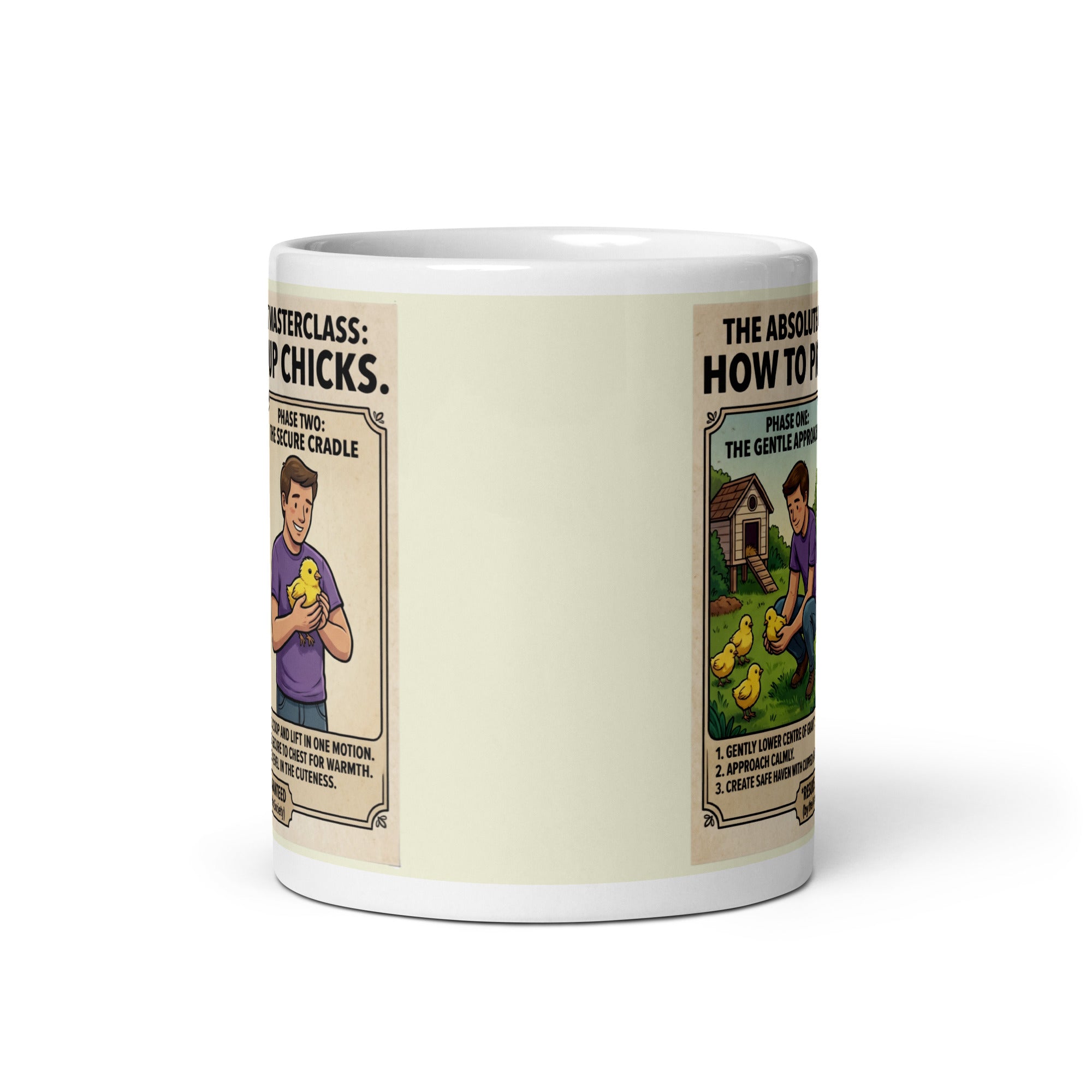 A white ceramic mug featuring a vibrant, hand-drawn style illustration of a man cradling a large, overflowing cluster of fluffy yellow baby chicks. Bold text above the illustration reads "How to pick up CHICKS."