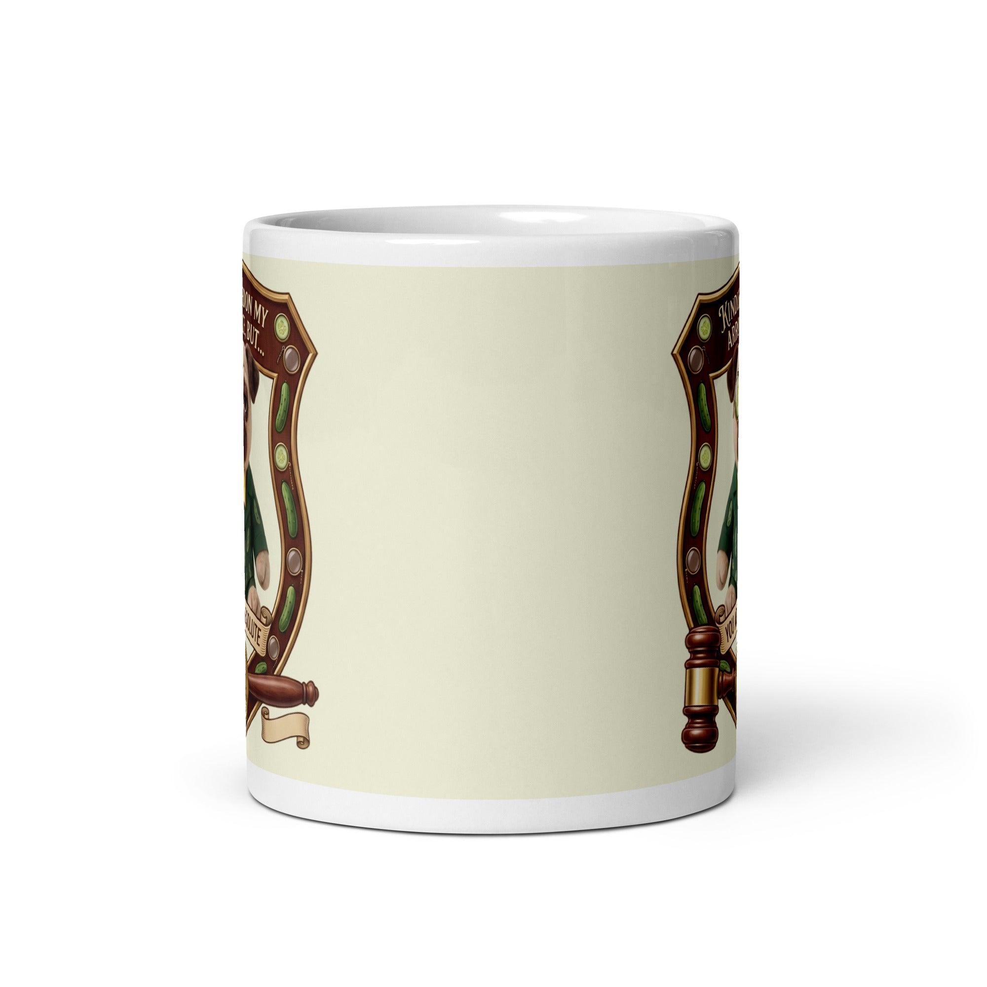 A funny graphic on a ceramic mug featuring Sir Cucumber Dog inside an ornate wooden crest. Below him is a judge's gavel and a gold seal. Text reads: KINDLY PARDON MY ARROGANCE, BUT... YOU ARE AN ABSOLUTE TWAT!