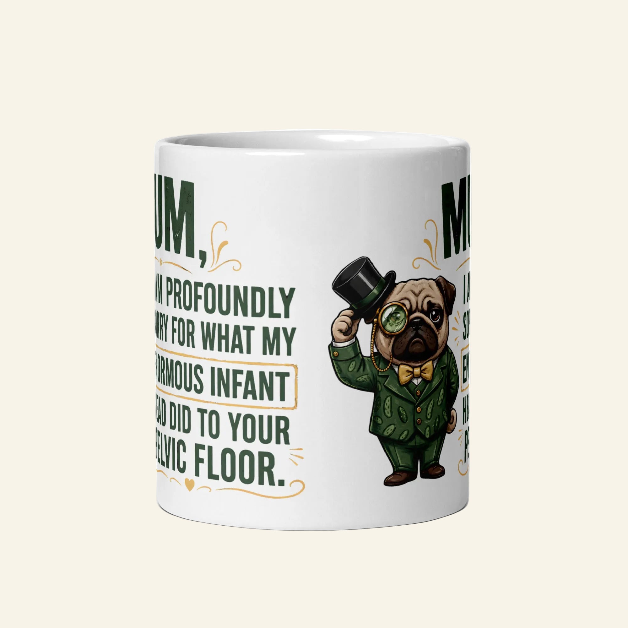 A white 11 oz ceramic coffee mug printed with a funny graphic of Sir Cucumber Dog in a green suit and top hat, alongside the quote: MUM, I AM PROFOUNDLY SORRY FOR WHAT MY ENORMOUS INFANT HEAD DID TO YOUR PELVIC FLOOR.