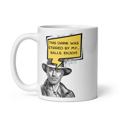 White ceramic mug with comic-style illustration of a man in a hat and a humorous speech bubble.