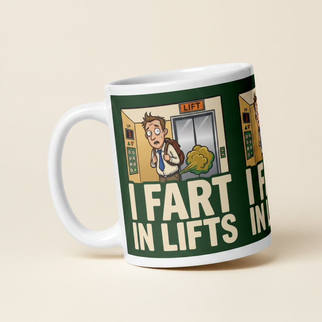 A funny ceramic mug with a dark green background. It shows a cartoon of a sweaty man in a lift with a green gas cloud behind him. Large cream text reads I FART IN LIFTS.