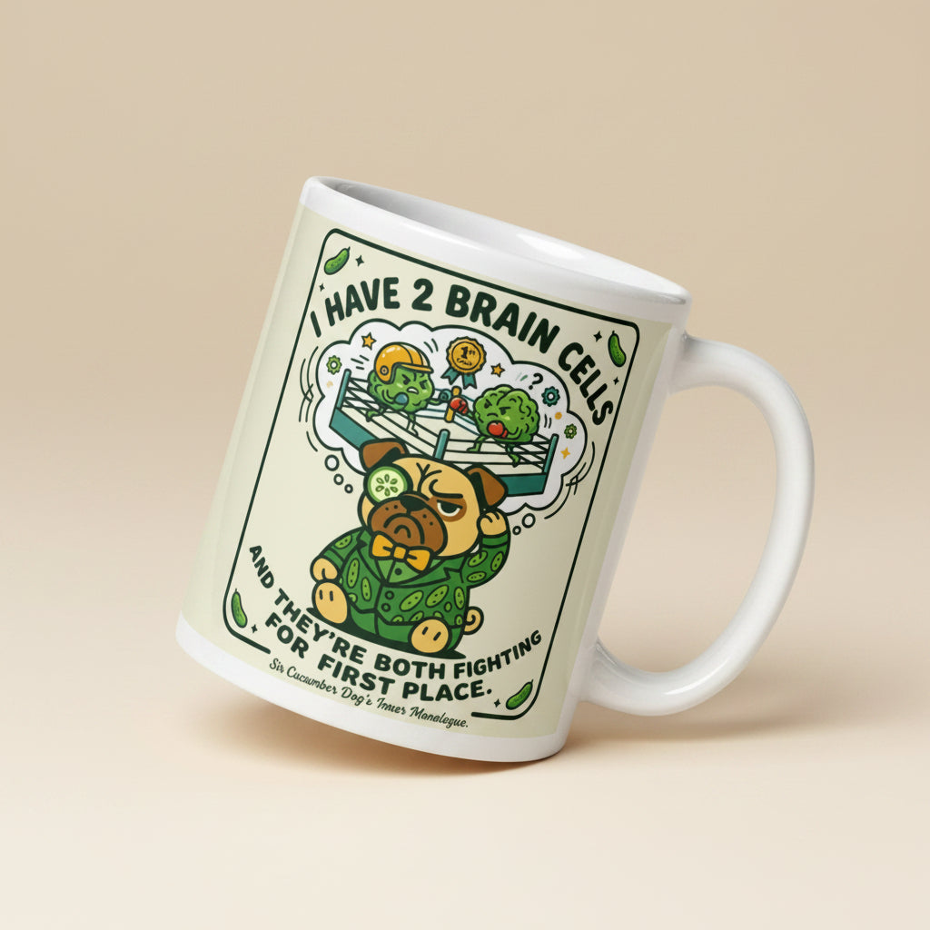 A white glossy mug featuring Sir Cucumber Dog the pug and the text Two Brain Cells Fighting for Third Place in bold black and green lettering.