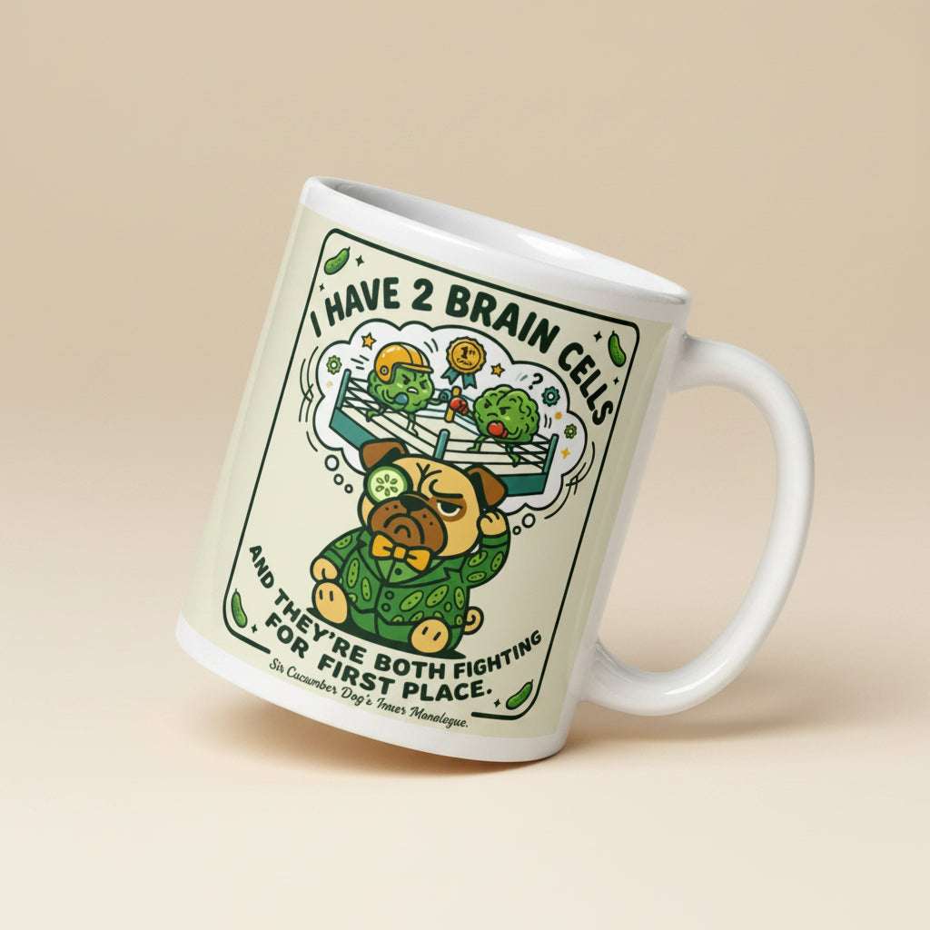 A white glossy mug featuring Sir Cucumber Dog the pug and the text Two Brain Cells Fighting for Third Place in bold black and green lettering.