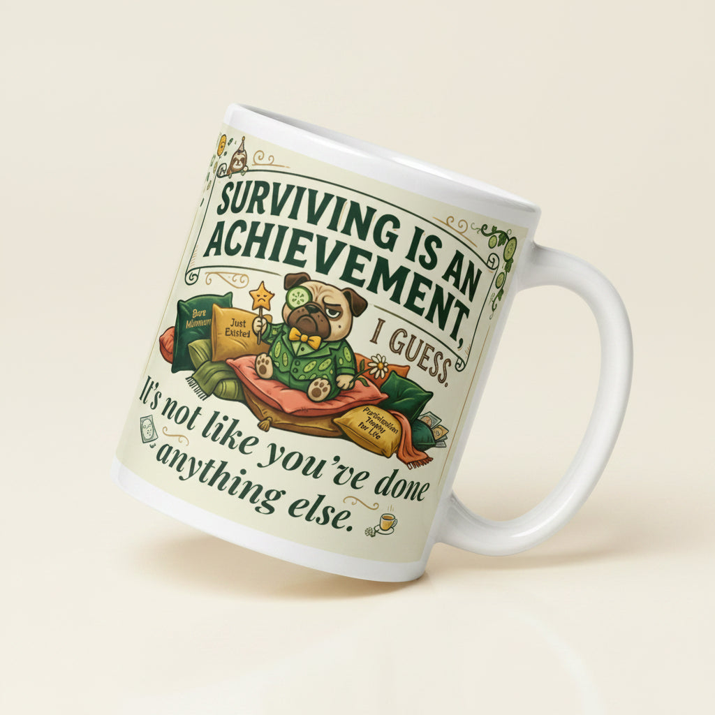 White glossy mug featuring Sir Cucumber Dog with the text "Surviving is an achievement i guess. it's not like you've done anything else" in Cucumber green and yellow.