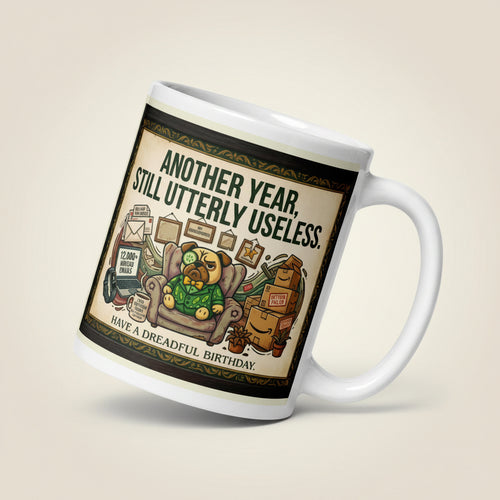 White glossy mug featuring Sir Cucumber Dog the pug. The text "ANOTHER YEAR... STILL UTTERLY USELESS." is rendered in Cucumber green. Cucumber Dog. 