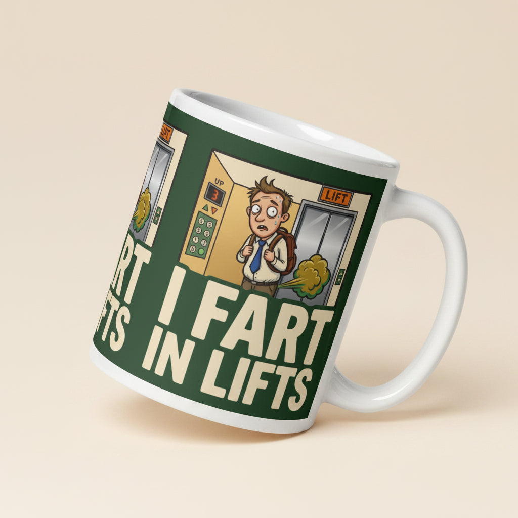 A funny ceramic mug with a dark green background. It shows a cartoon of a sweaty man in a lift with a green gas cloud behind him. Large cream text reads I FART IN LIFTS.