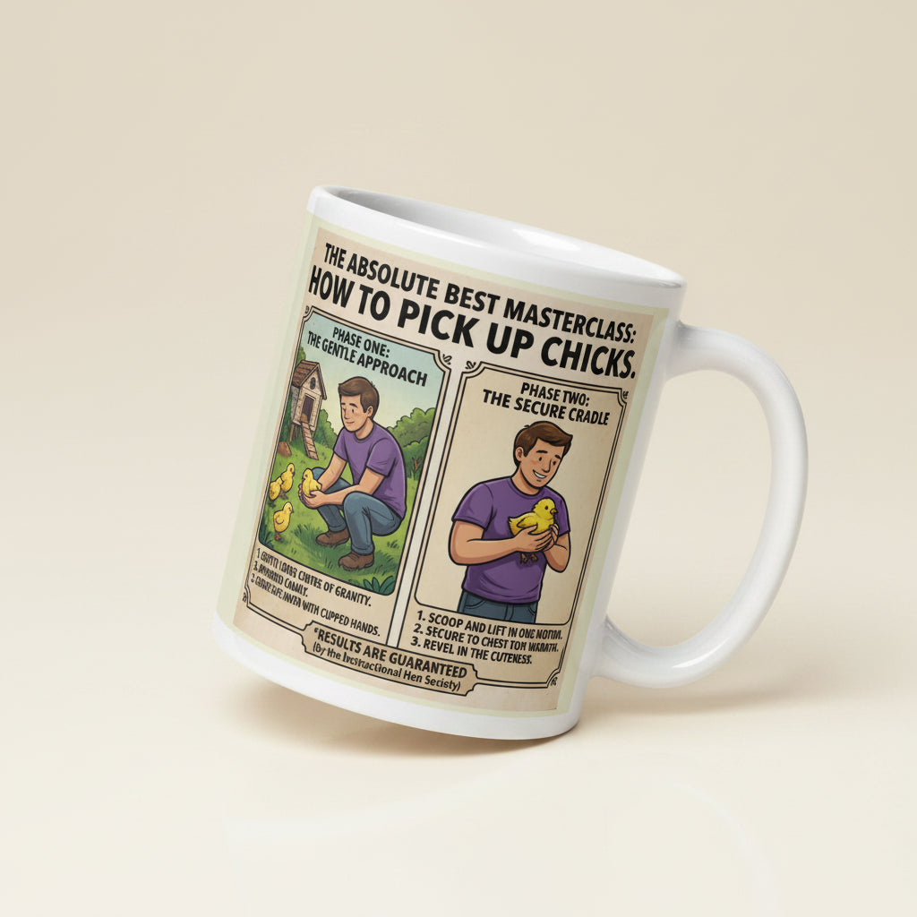 A white ceramic mug featuring a vibrant, hand-drawn style illustration of a man cradling a large, overflowing cluster of fluffy yellow baby chicks. Bold text above the illustration reads "How to pick up CHICKS."