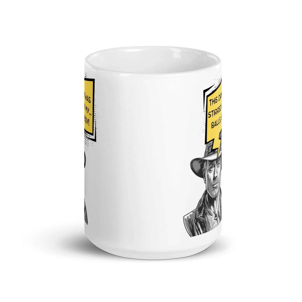 White glossy mug with partial retro man illustration and yellow speech bubble, front view