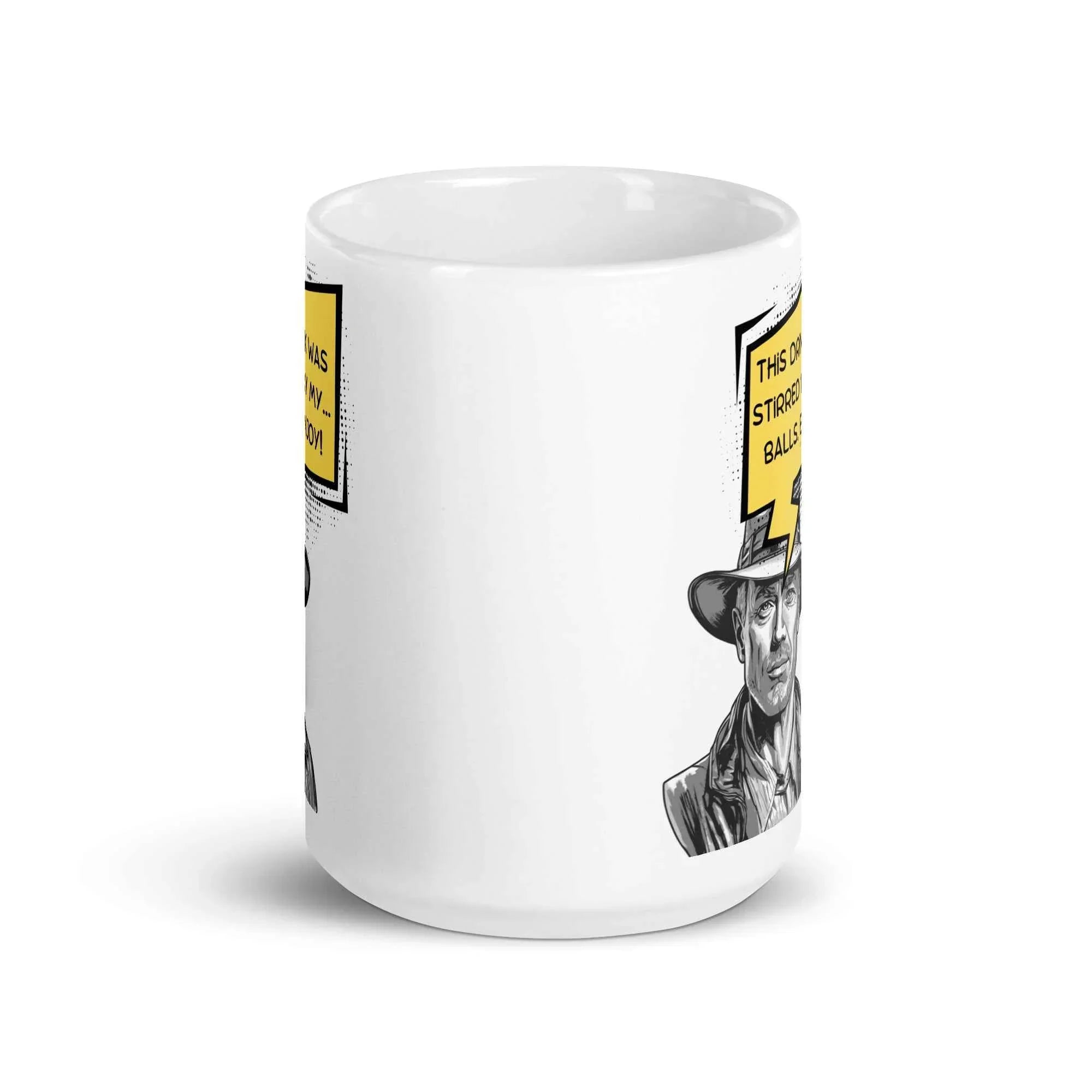 White glossy mug with partial retro man illustration and yellow speech bubble, front view