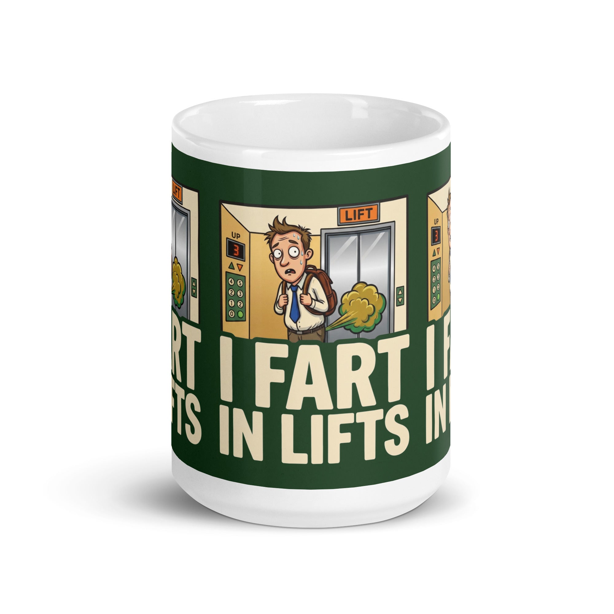 A funny ceramic mug with a dark green background. It shows a cartoon of a sweaty man in a lift with a green gas cloud behind him. Large cream text reads I FART IN LIFTS. 15oz