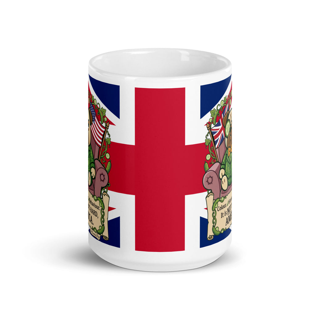 A white ceramic mug with a Union Jack background. Sir Cucumber Dog sits in an armchair between a UK and US flag. Text on a scroll reads Colour, Honour, Behaviour. It is NOT THAT HARD, AMERICA 15oz
