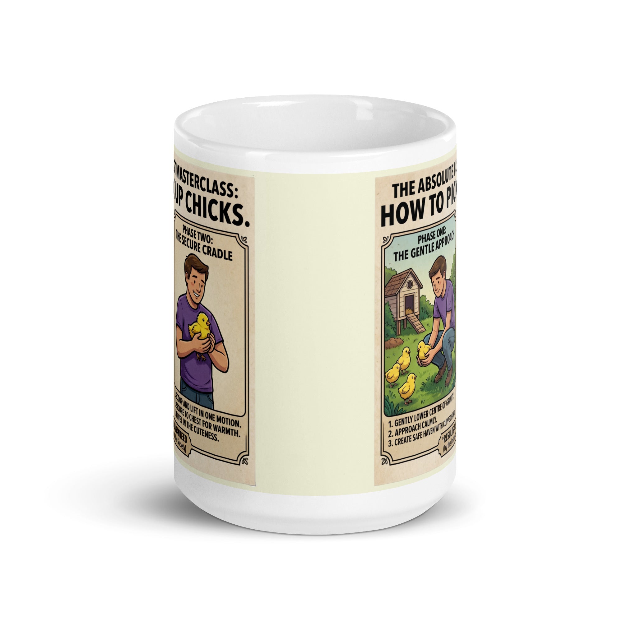 A white ceramic mug featuring a vibrant, hand-drawn style illustration of a man cradling a large, overflowing cluster of fluffy yellow baby chicks. Bold text above the illustration reads "How to pick up CHICKS."