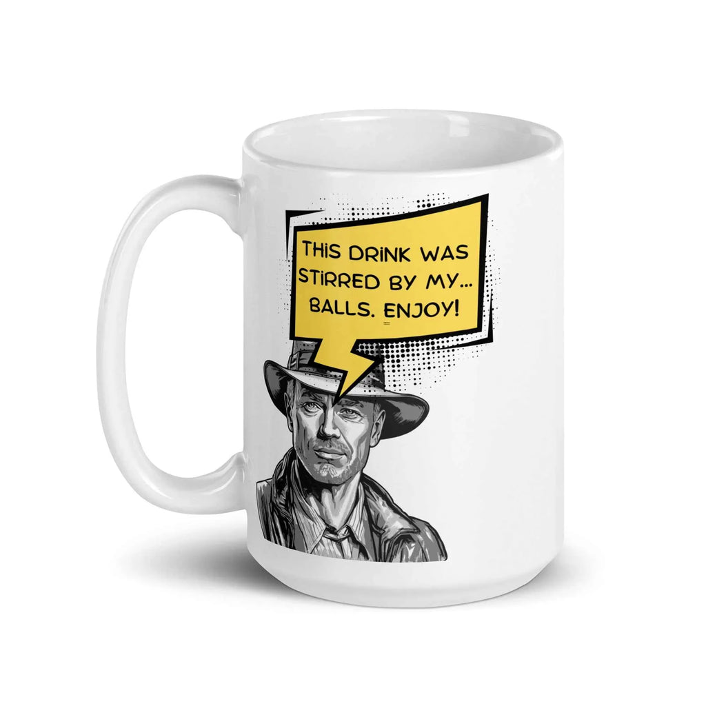 White ceramic mug with cartoon man in hat and yellow speech bubble containing rude joke text.
