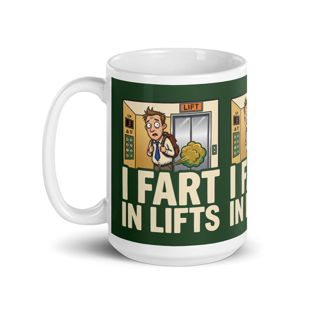 A funny ceramic mug with a dark green background. It shows a cartoon of a sweaty man in a lift with a green gas cloud behind him. Large cream text reads I FART IN LIFTS. 15oz