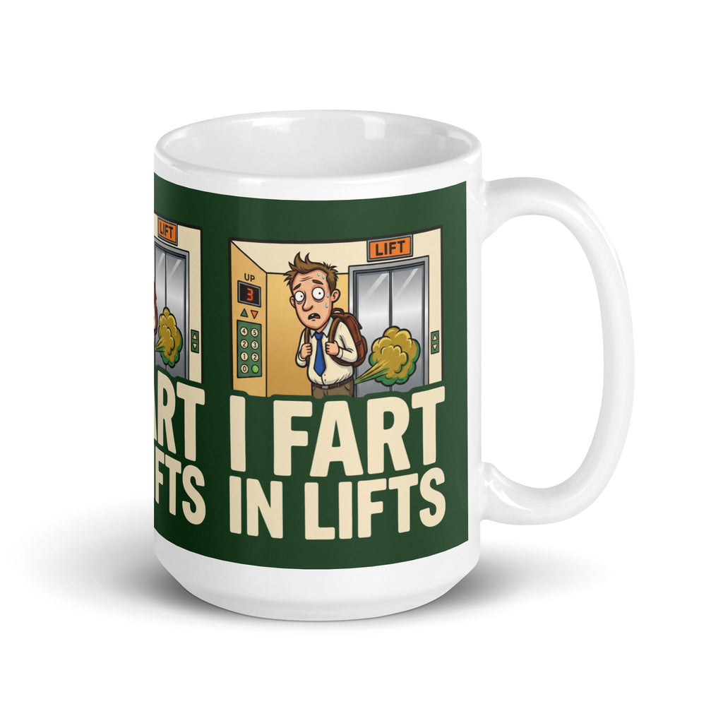 A funny ceramic mug with a dark green background. It shows a cartoon of a sweaty man in a lift with a green gas cloud behind him. Large cream text reads I FART IN LIFTS. 15oz