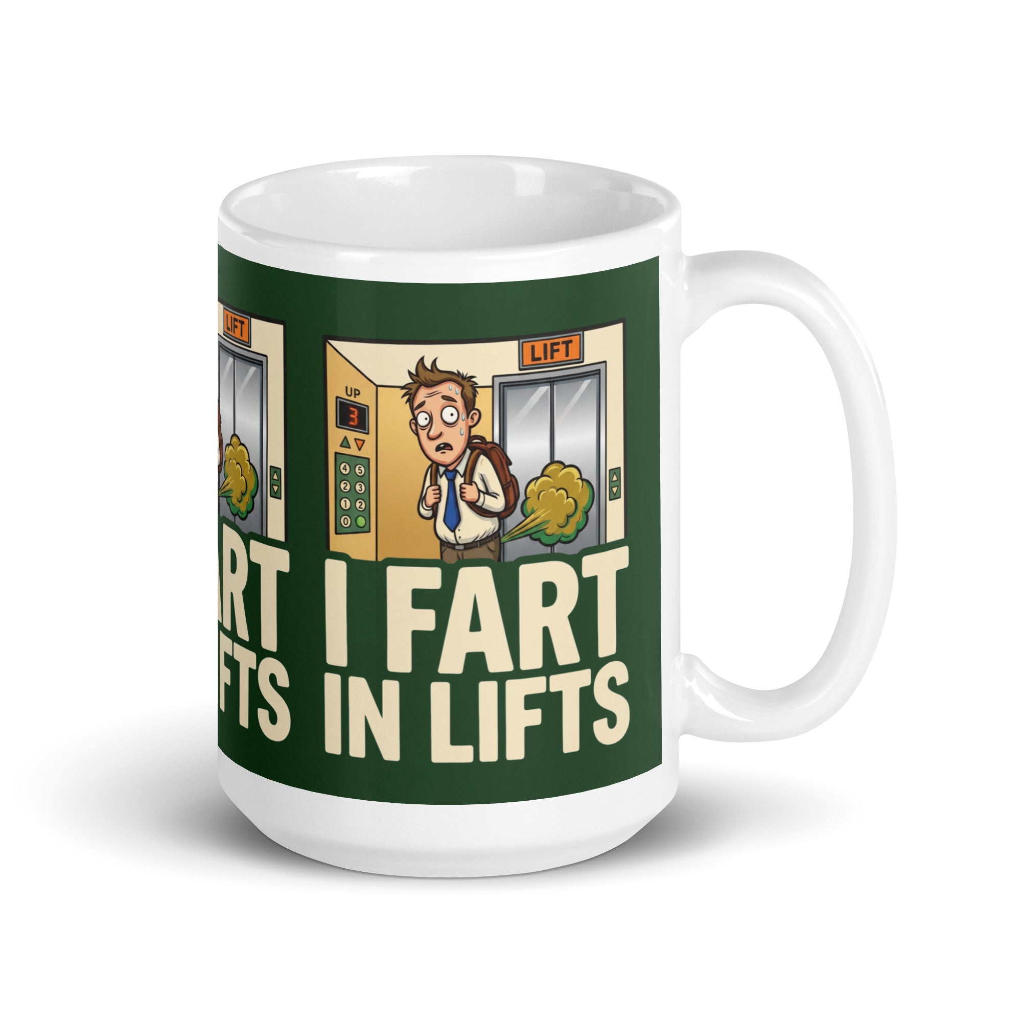 A funny ceramic mug with a dark green background. It shows a cartoon of a sweaty man in a lift with a green gas cloud behind him. Large cream text reads I FART IN LIFTS. 15oz
